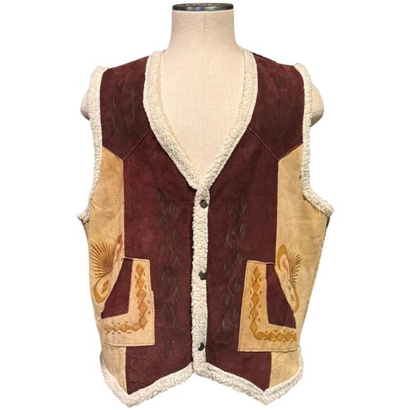 Vintage Pyrographed leather Suede Rooster Western Sherpa lined Vest size XL - Picture 4 of 16